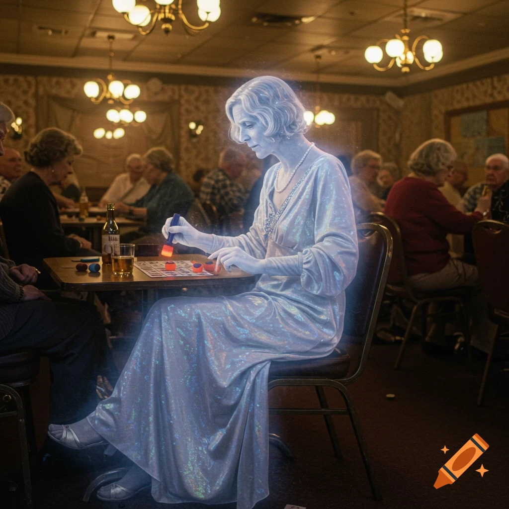 A glowing, translucent ghost in a white dress plays bingo at a table in a dimly lit hall, surrounded by blurred elderly people.