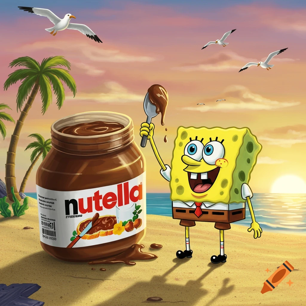 Spongebob Squarepants holds a spoon of Nutella next to a giant Nutella jar on a beach at sunset with palm trees and seagulls.