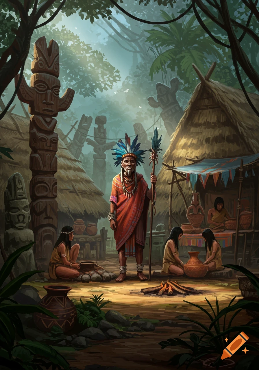 An illustrated scene of an indigenous village in a lush jungle, with a chief, women making pottery, huts, and totem poles.