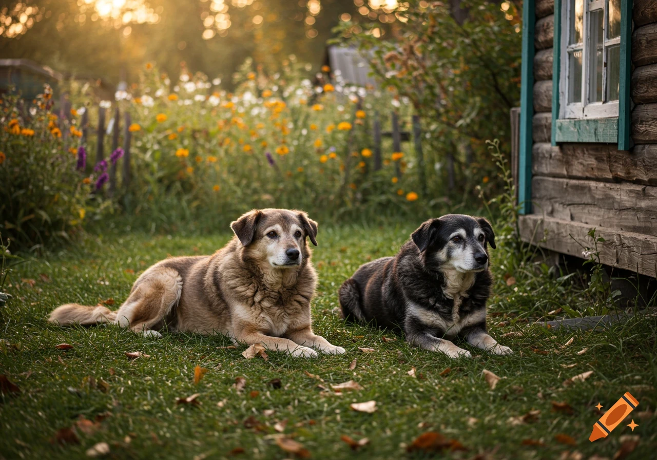 Two old, somewhat shy dogs lie on green grass in a sunlit garden next to a wooden house with flowers in the background.