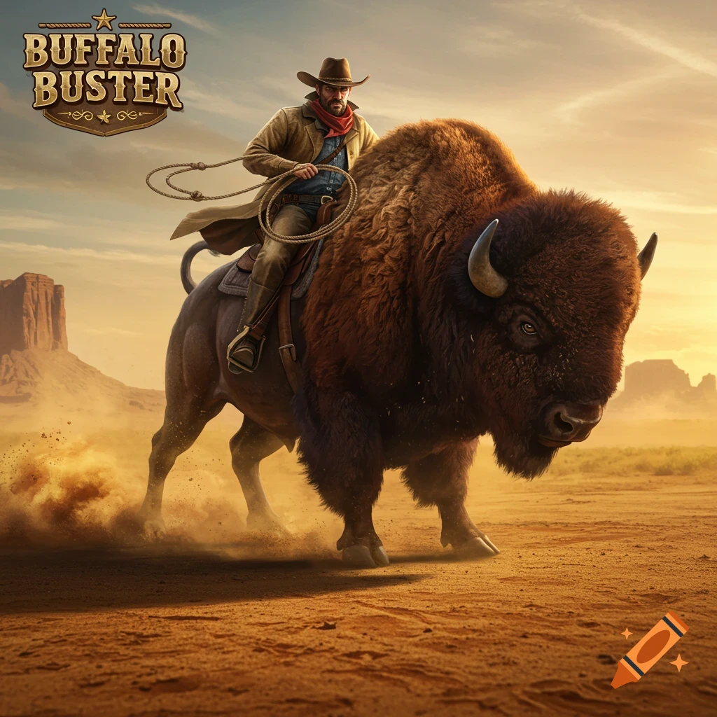 A photorealistic image of a cowboy riding a charging buffalo across a dusty desert, with a 'Buffalo Buster' logo.