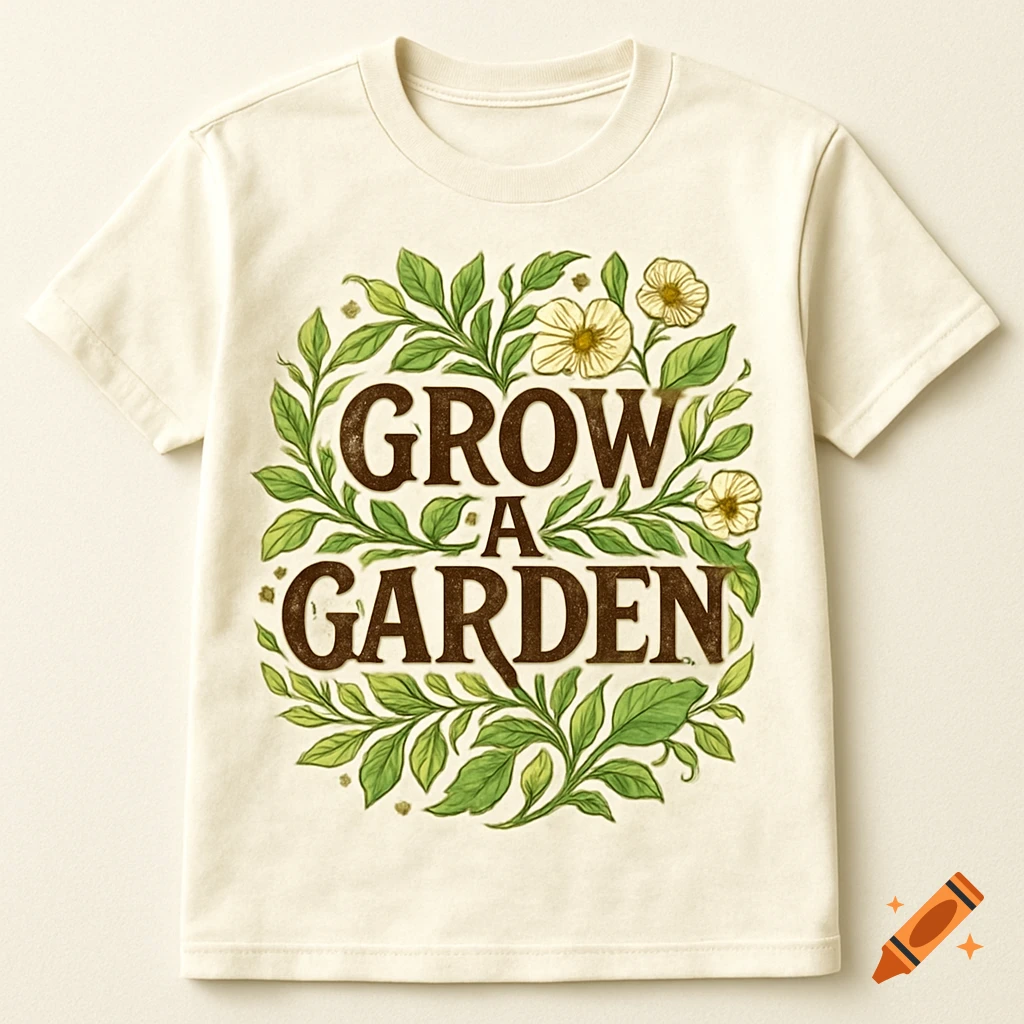 Cream t-shirt with a circular green leaf and yellow flower design surrounding the text 'GROW A GARDEN' in brown.