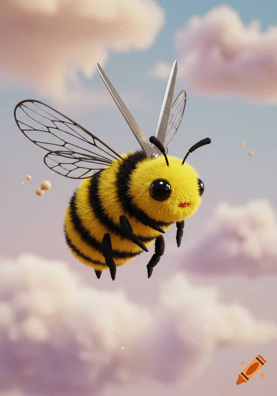 A fuzzy, cartoonish yellow and black striped bee with metallic scissors for wings floats in a cloudy sky.