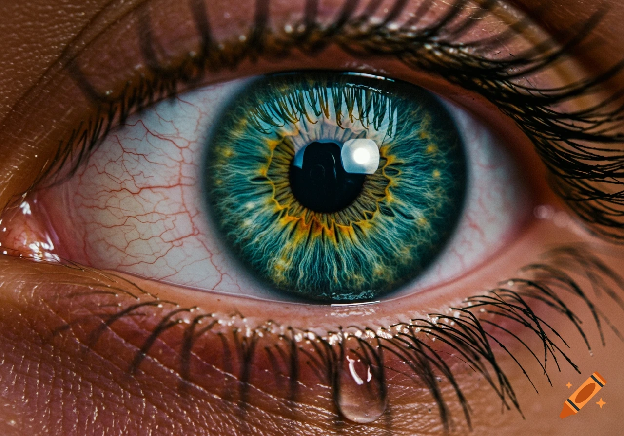 Extreme close-up of a vibrant blue-green eye with a single tear rolling down the lower lid, showing intricate iris details.