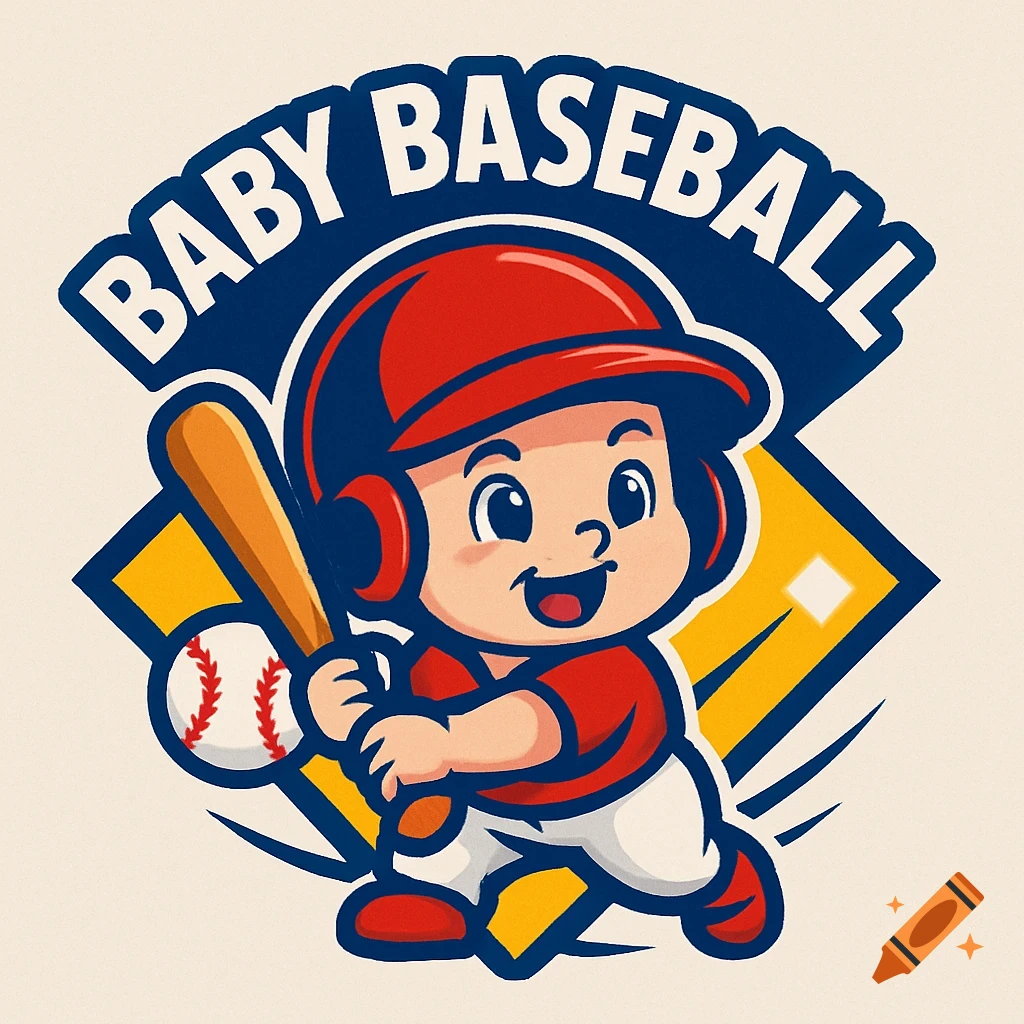 Cartoon logo of a baby baseball player in a red cap and uniform, holding a bat and ball, with 'BABY BASEBALL' text.