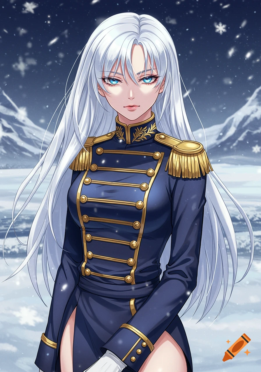 An anime girl with long silver hair and icy blue eyes, dressed in a blue military uniform with gold trim, stands in a snowy mountain landscape.