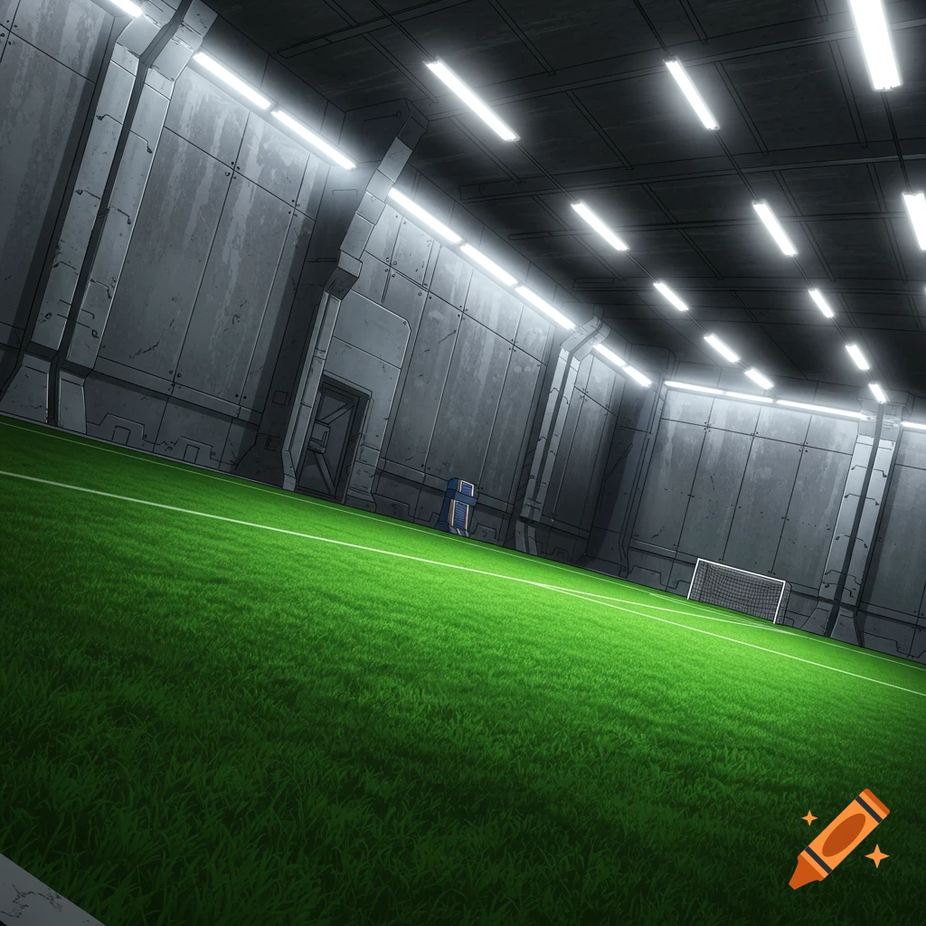 Anime-style futuristic indoor soccer training facility with green artificial turf, concrete walls, bright lights, and a small goal.