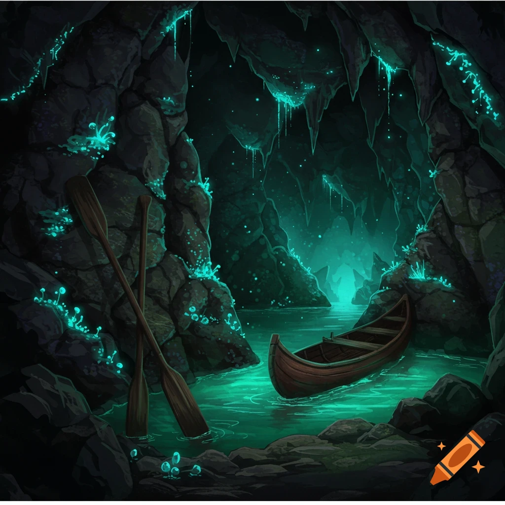 A glowing emerald-green cave with a wooden boat on luminous water, oars leaning against a rocky wall, fantasy art style.