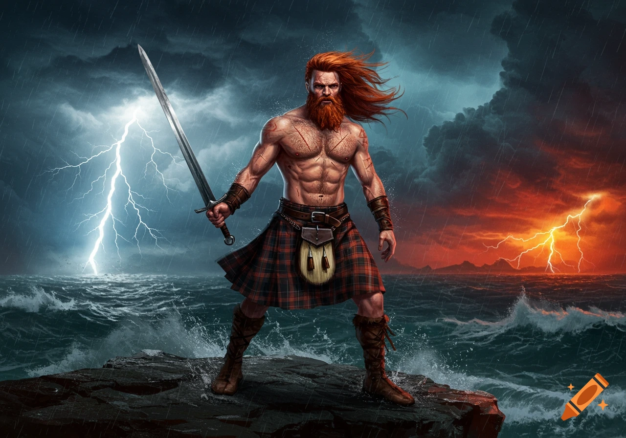 A shirtless, red-haired warrior with a beard and kilt stands on a cliff, holding a sword amidst a stormy sea and lightning.