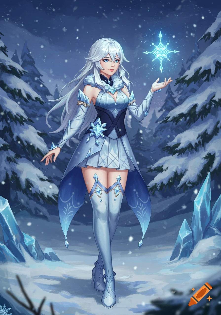 An anime woman with white hair and a blue and white ice-themed outfit stands in a snowy forest, holding a glowing ice star.