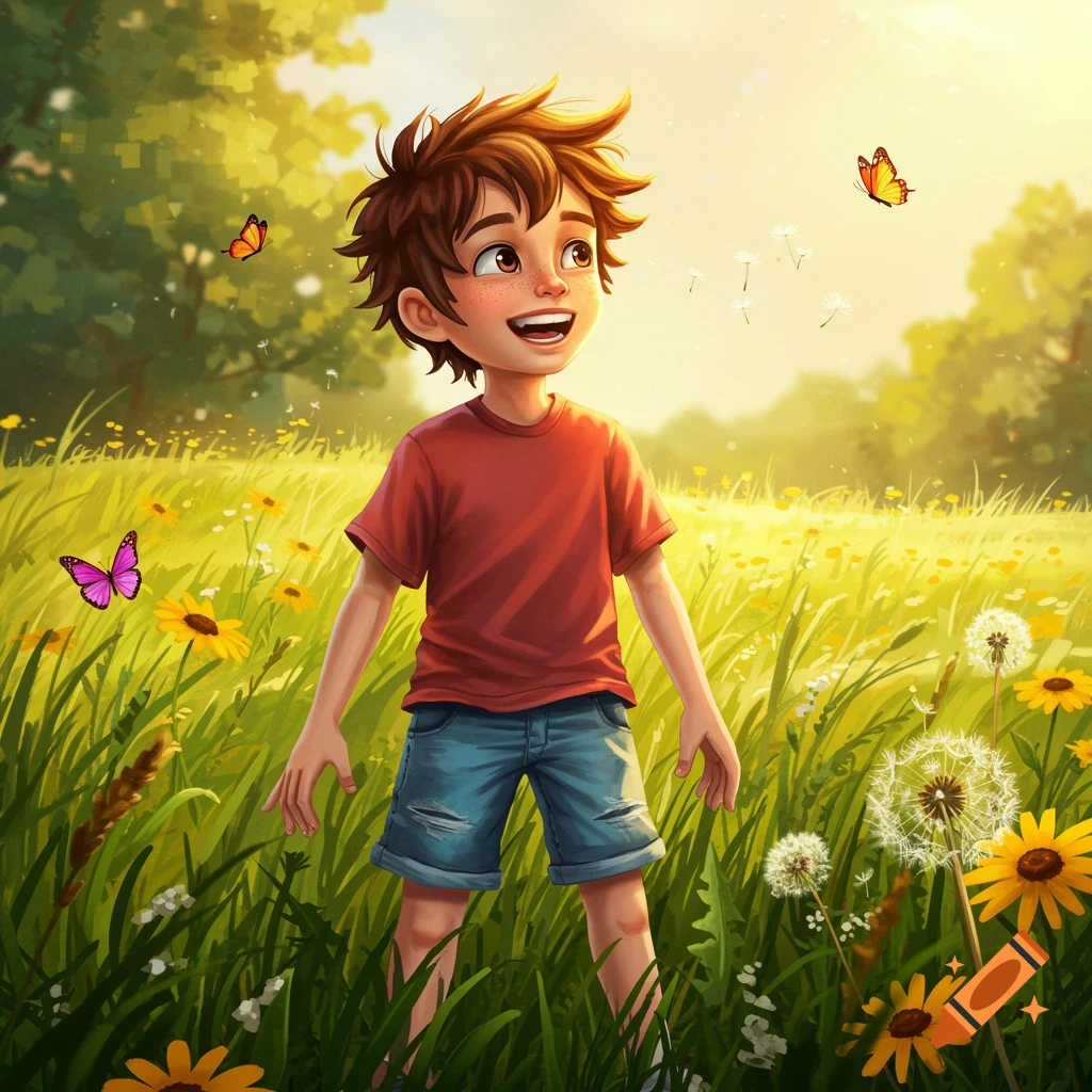Smiling cartoon boy in a red shirt and blue shorts stands in a sunny meadow with butterflies and dandelions.