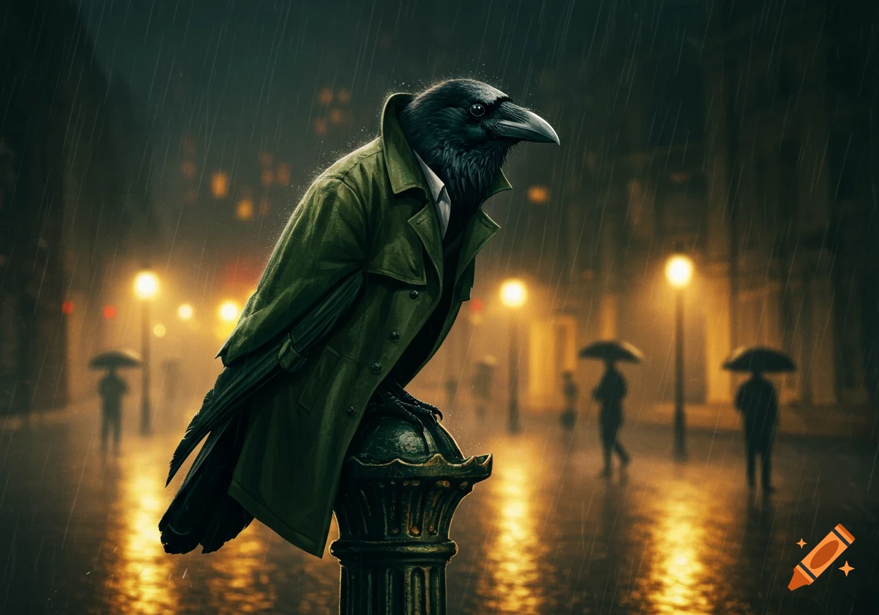 Photorealistic image of a crow in a green trench coat perched on a post on a rainy city street at night.