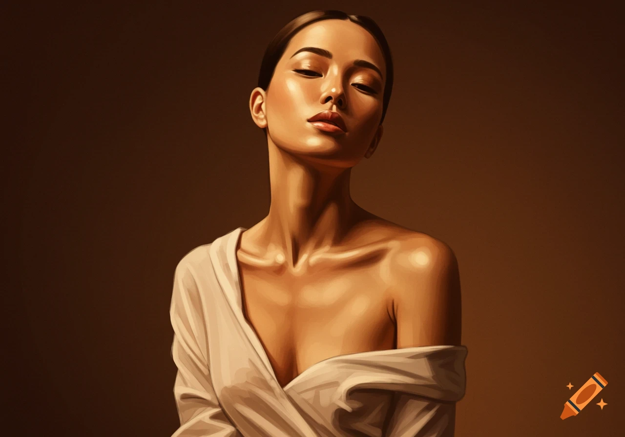 Digital painting of a woman with glowing skin, eyes closed, and head tilted back, wearing a white draped garment.
