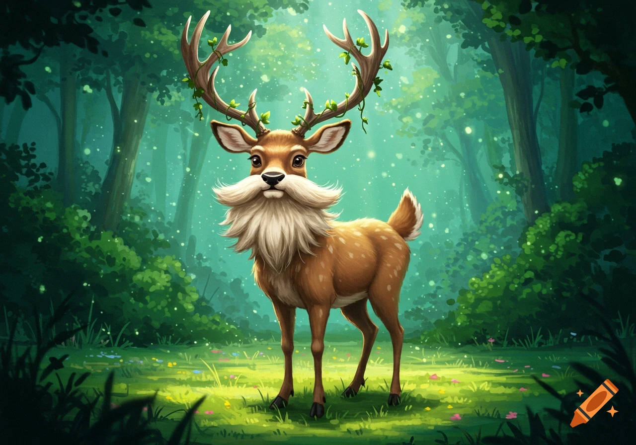 A whimsical, brown deer with a large white beard and antlers adorned with green vines stands in a magical, glowing forest.