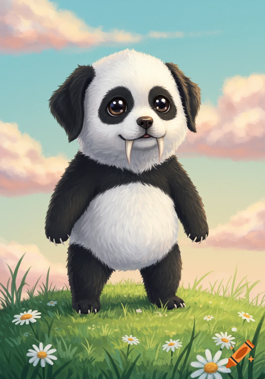A cute, fluffy panda-dog creature with walrus tusks stands in a grassy field with daisies under a blue sky and pink clouds, in an illustration.