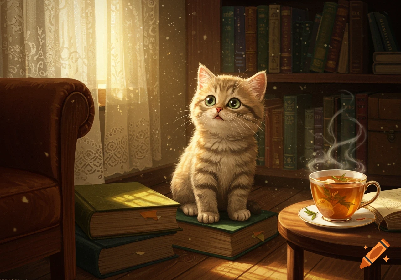 A cute tabby kitten sits on a book in a cozy, sunlit library, looking up. A steaming teacup is on a nearby table. Digital art.