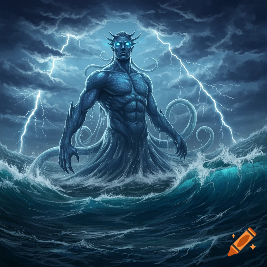 A powerful blue water god with glowing eyes and horns rises from stormy ocean waves under a lightning-filled sky.