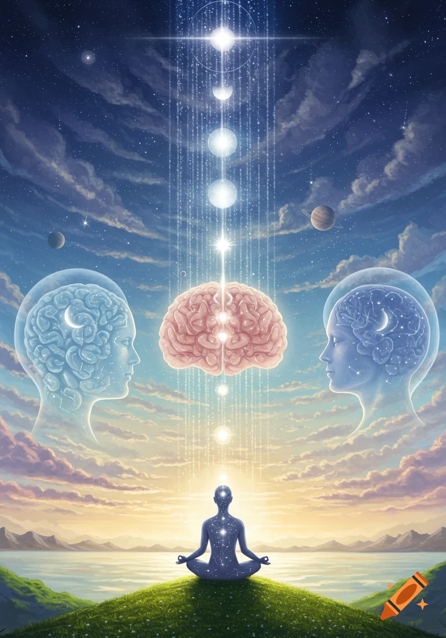 A person meditates on a green hill under a cosmic sky with brains, celestial bodies, and bright energy lines.