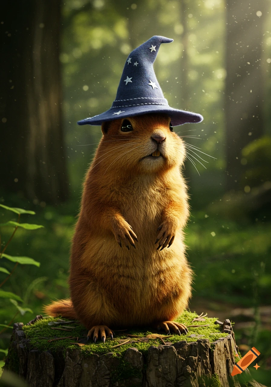 A photorealistic gopher wearing a blue wizard hat with white stars stands on a mossy tree stump in a sun-dappled forest.