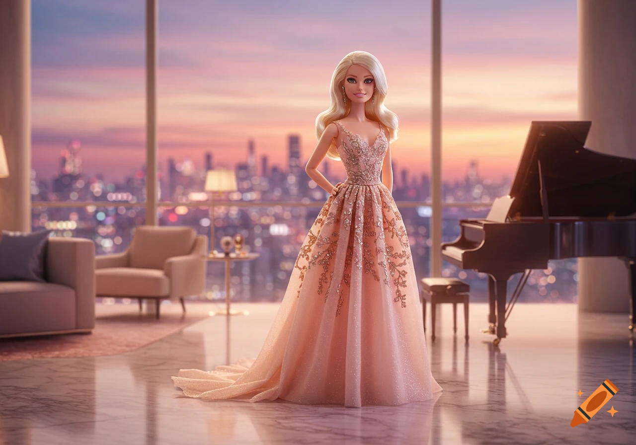 A photorealistic Barbie doll in a sparkling pink evening gown stands in a luxury penthouse overlooking a sunset cityscape with a grand piano.