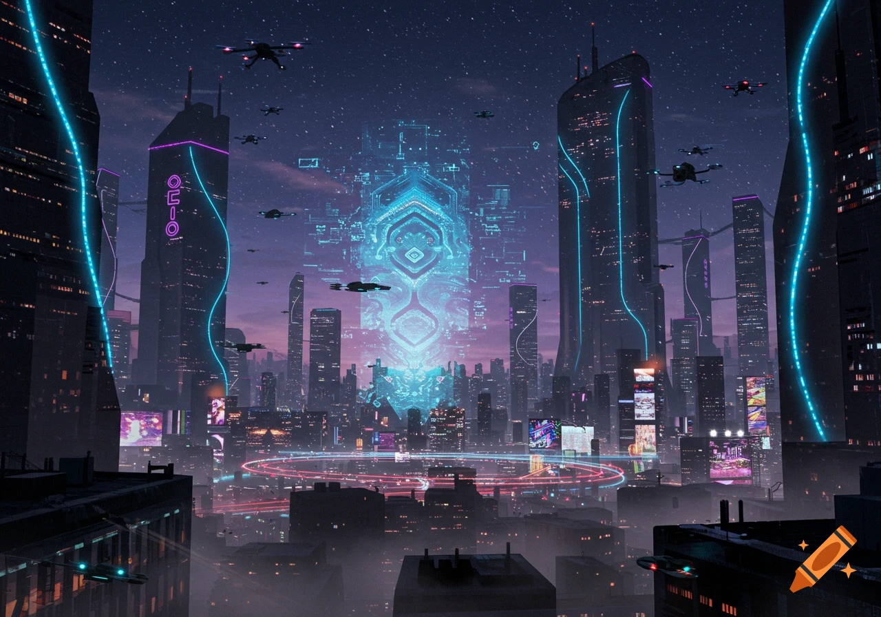 A vibrant futuristic cityscape at night with glowing skyscrapers, flying vehicles, and neon lights under a starry sky.