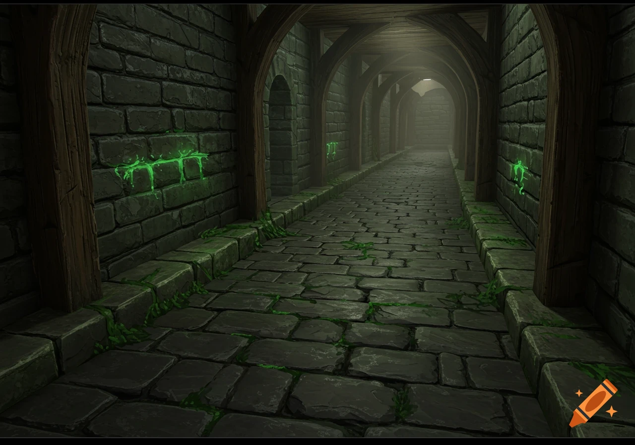 Dark, atmospheric dungeon corridor with stone walls, cobblestone path, wooden archways, green moss, and glowing symbols.