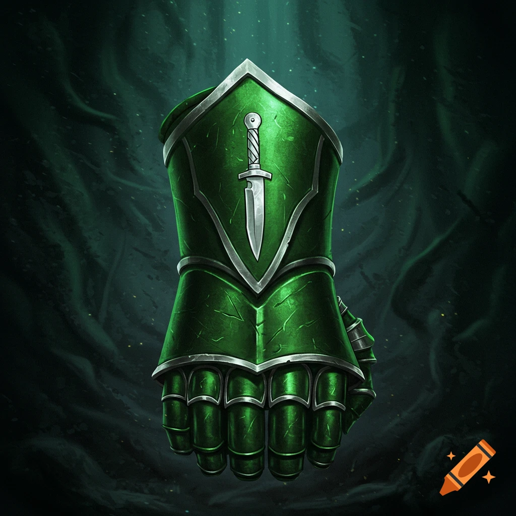 A stylized green armored gauntlet with silver accents and a knife symbol on its back, against a dark background.