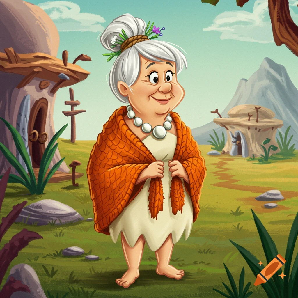 Cartoon illustration of smiling Grandma Pebbles from The Flintstones, in a prehistoric village with huts and trees.