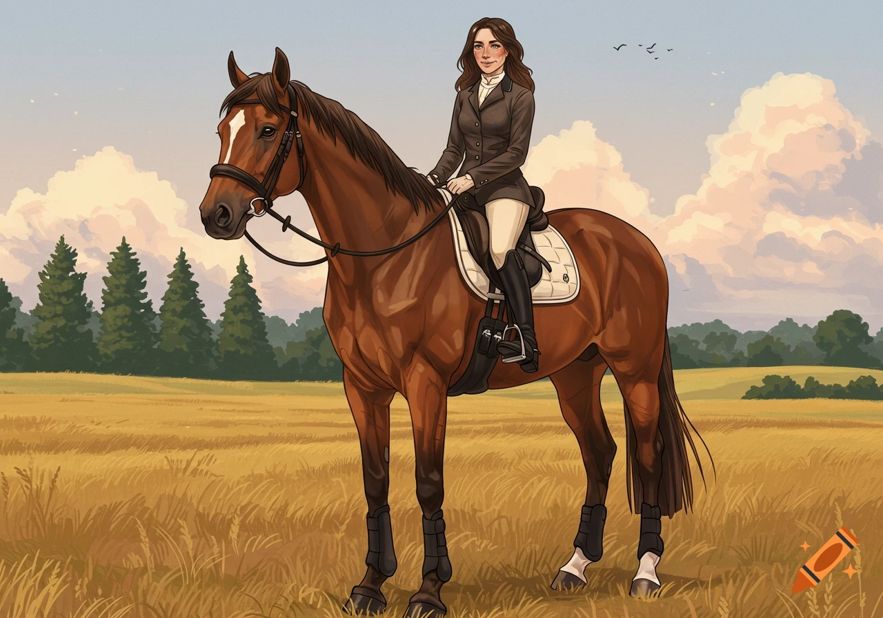 A brunette woman in riding attire on a brown horse in a golden field under a blue sky, in an illustrated style.
