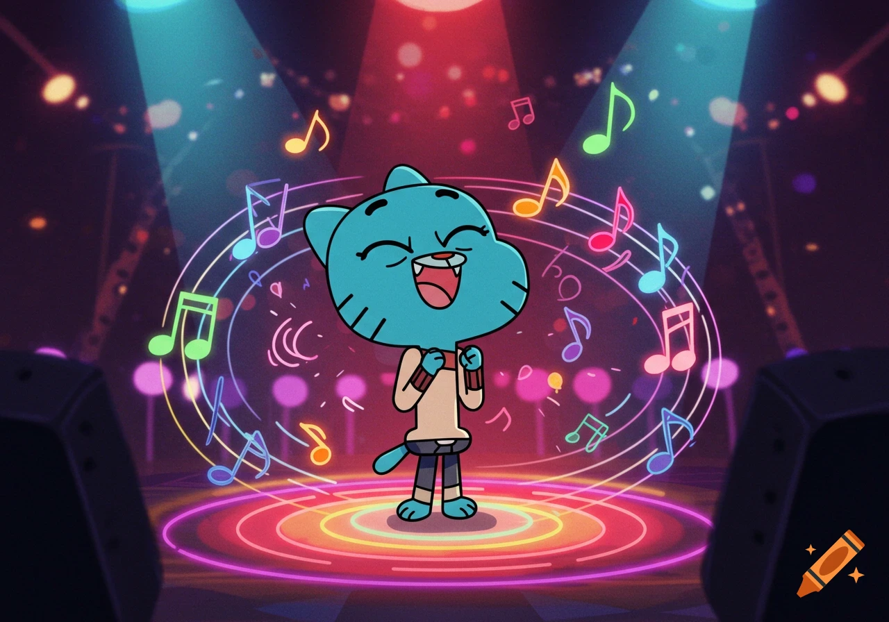 Gumball Watterson, a blue cat, sings joyfully on a stage surrounded by colorful musical notes and neon lights in an animated style.