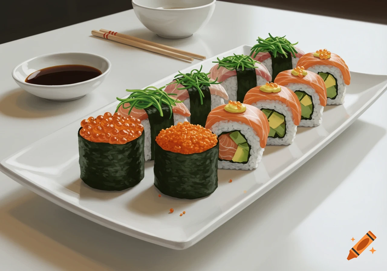 A platter of various sushi rolls, nigiri, and gunkan with orange roe, with soy sauce and chopsticks on a white table.