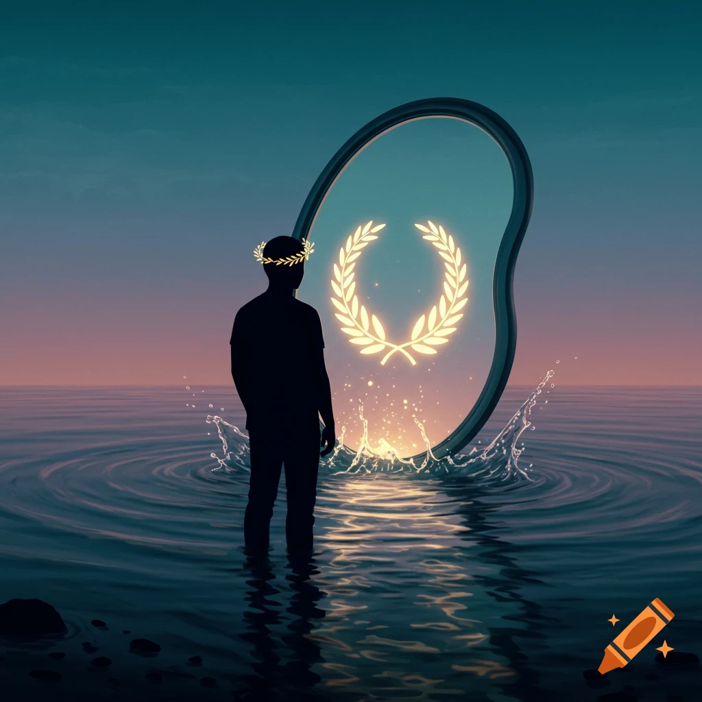 Silhouette of a person standing in water at sunset, looking into a wavy mirror reflecting a glowing laurel wreath. Stylized illustration.