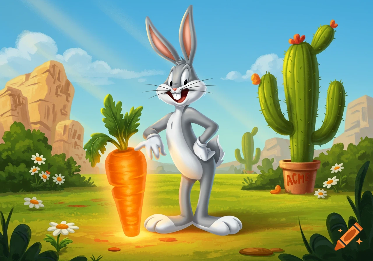 Bugs Bunny stands next to a glowing carrot in a desert landscape with cacti and mountains in a cartoon style.
