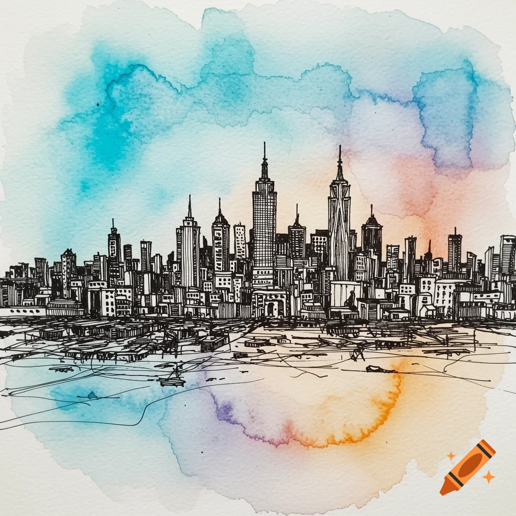 A black ink sketch of a city skyline with tall buildings, set against a vibrant watercolor background of blue, orange, and purple.