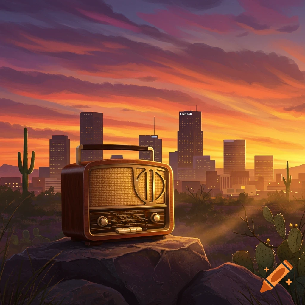 Vintage radio on a rock in a desert foreground, with a dramatic sunset illuminating a distant city skyline and saguaro cacti.