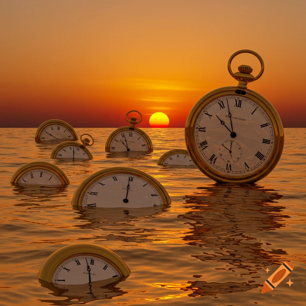 Surreal scene of numerous golden pocket watches partially submerged in a golden sea at sunset.