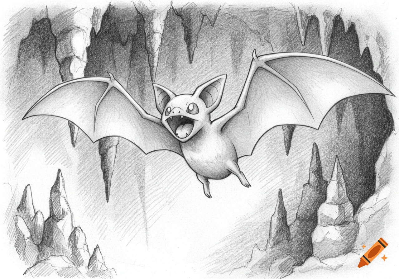 A pencil sketch of a Zubat, a bat-like Pokémon, flying in a cave with stalactites and stalagmites.