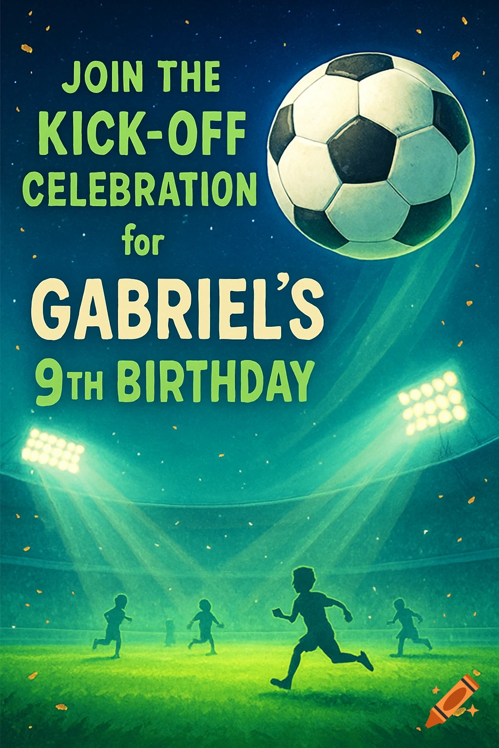 Soccer-themed birthday invitation for Gabriel's 9th birthday, featuring a large soccer ball, stadium lights, and silhouettes of children playing on the field.