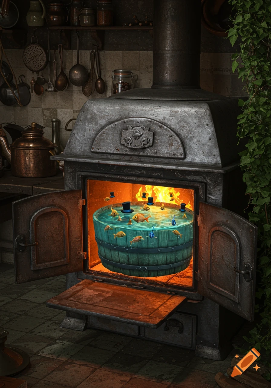 Photorealistic image of a wooden barrel filled with water, goldfish, and tiny top hats, placed inside a lit, rustic oven in a kitchen.