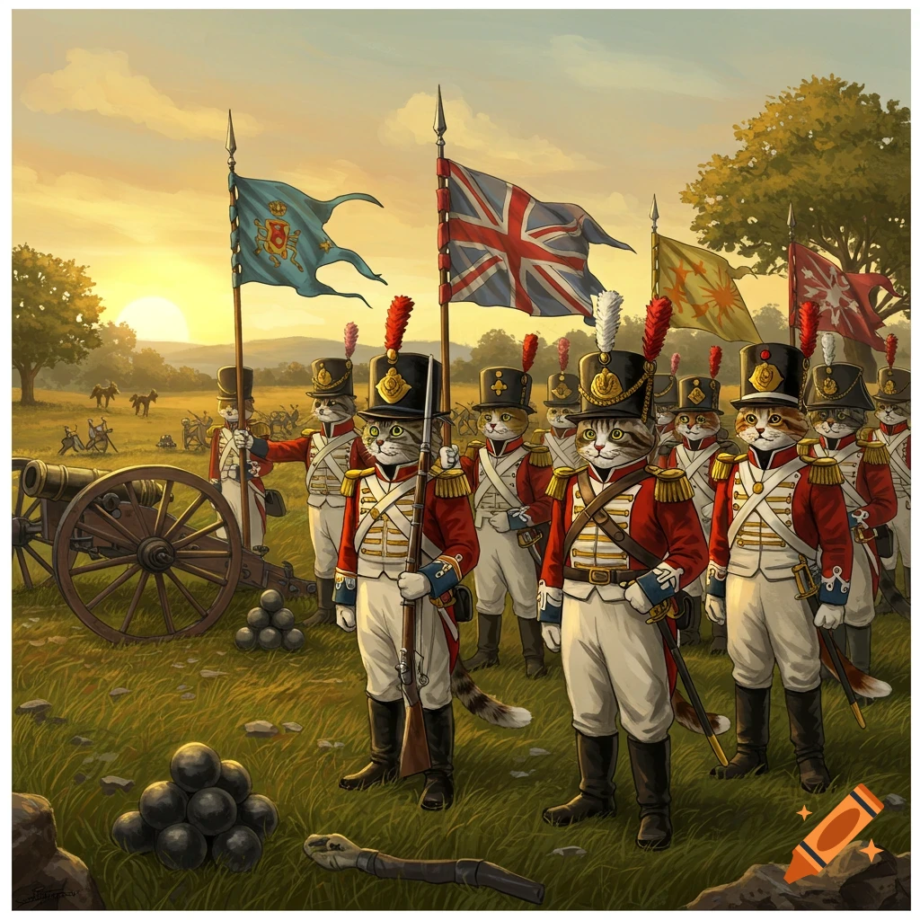 Illustrated scene of anthropomorphic cats dressed as Napoleonic British soldiers standing in a grassy field at sunset, with flags and a cannon.
