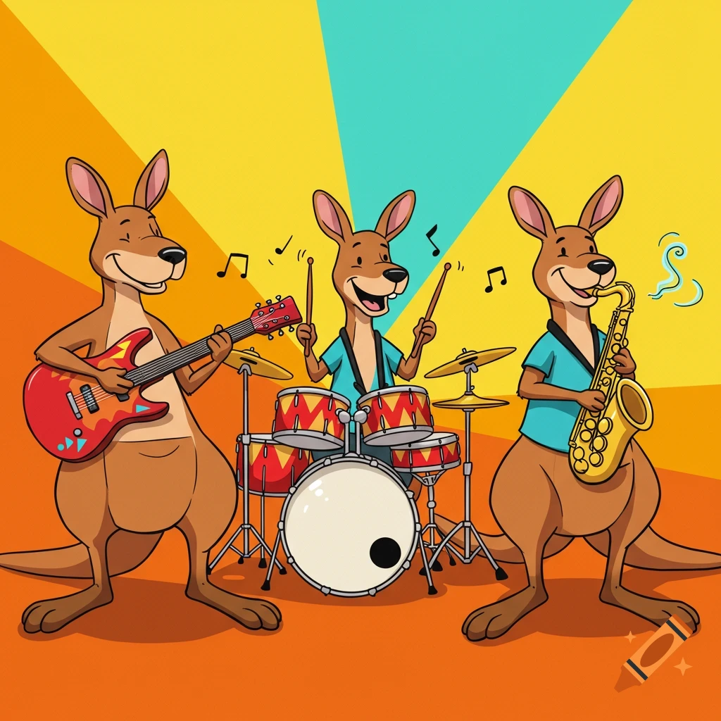 Three cartoon kangaroos joyfully playing guitar, drums, and saxophone on a vibrant yellow and orange background.