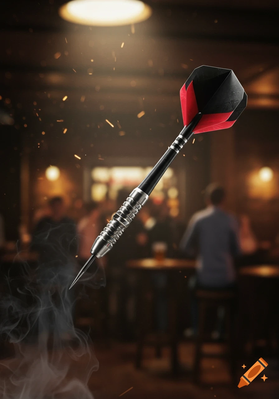 A detailed dart with red and black flights, suspended mid-air with smoke and sparks, in a dimly lit, blurry bar background.