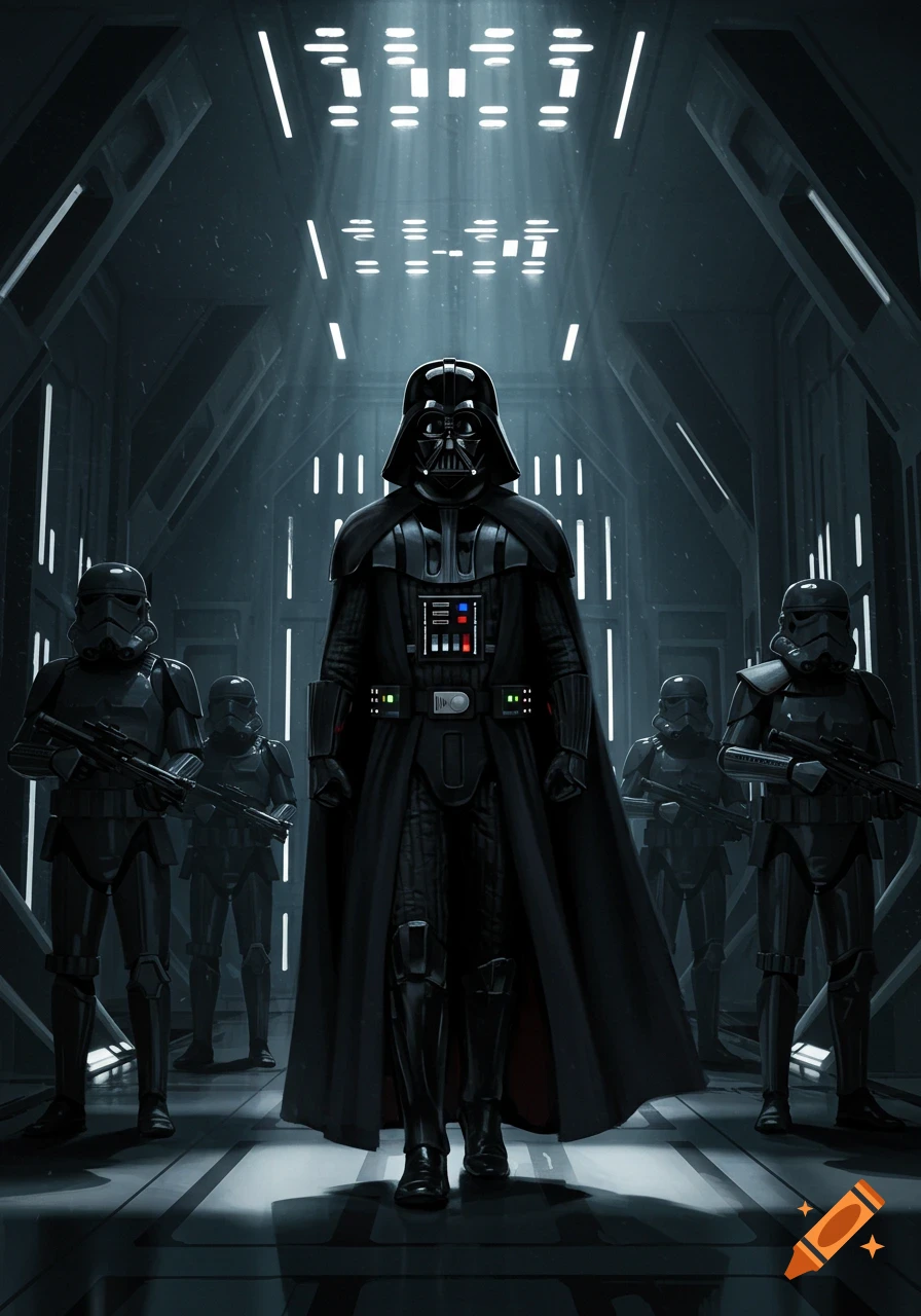 Darth Vader stands flanked by armed Shadow Troopers in a dark, futuristic corridor with bright overhead lights. Digital art.