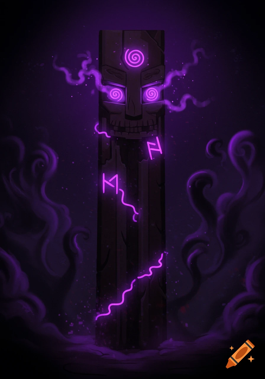 A blocky, dark purple totem with a skull-like face and glowing purple eyes with spiral patterns. Neon purple runes and swirling mist emanate from it.