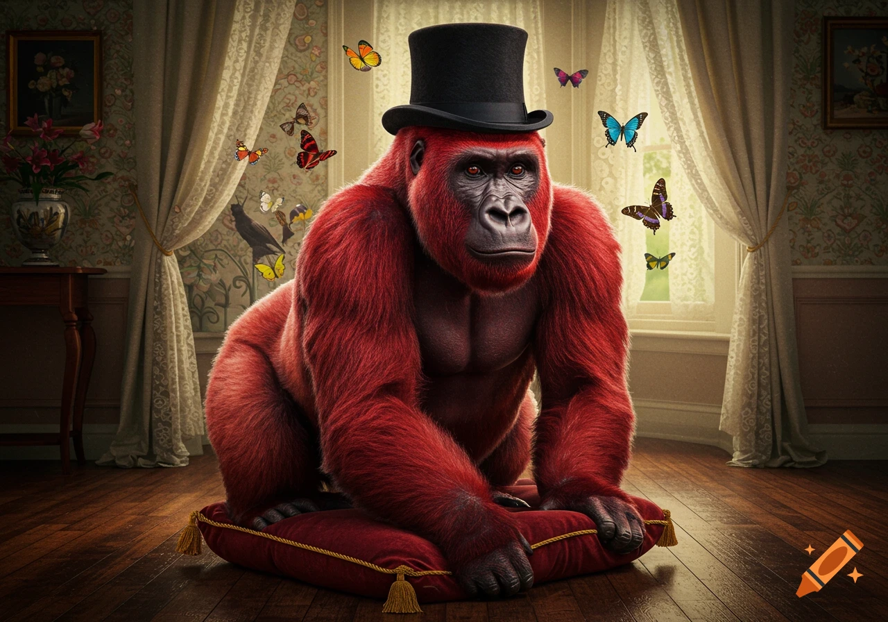 A majestic red gorilla wearing a black top hat sits on a red velvet cushion in a Victorian-style room, surrounded by colorful butterflies.