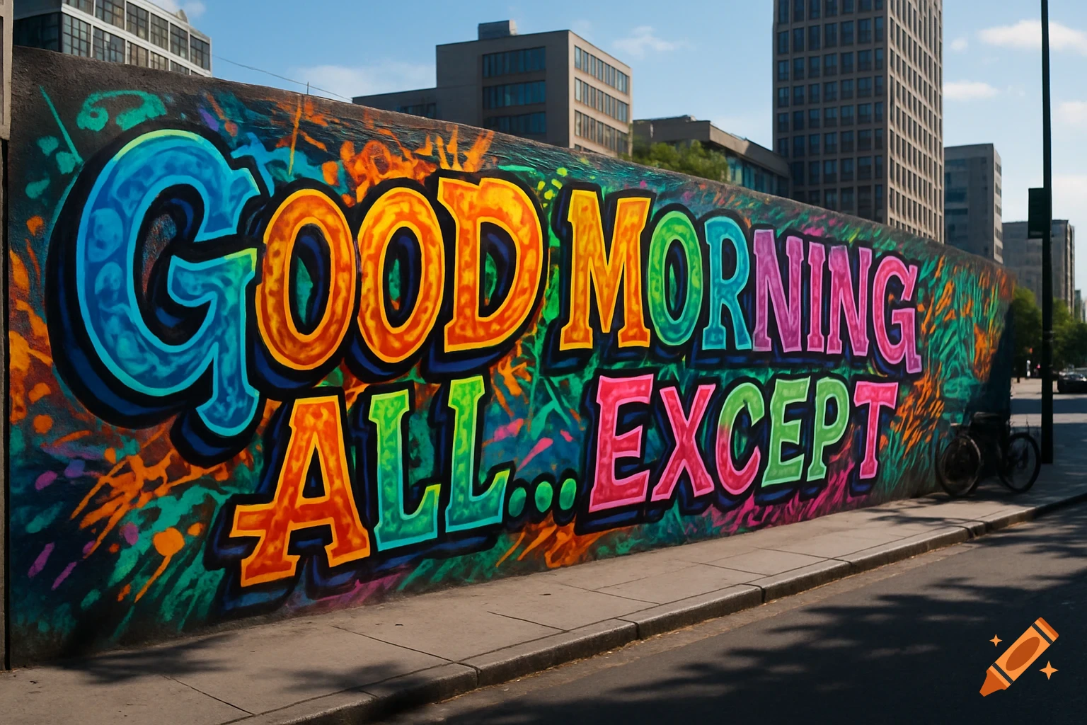 Vibrant graffiti mural on a city wall reading "GOOD MORNING ALL... EXCEPT", with buildings and a sidewalk.