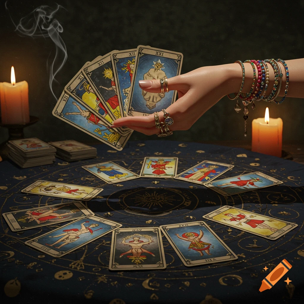 A hand adorned with rings and colorful bracelets holds a spread of tarot cards above a table with a celestial cloth, candles, and more scattered cards.
