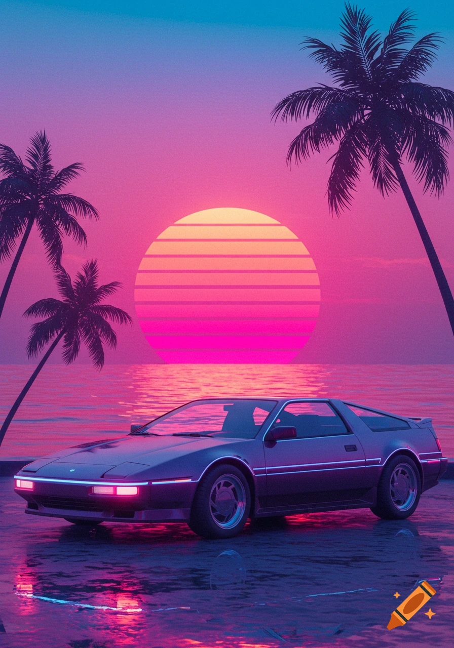 A vaporwave image of an 80s car parked by a vibrant pink and purple sunset over water with palm tree silhouettes.