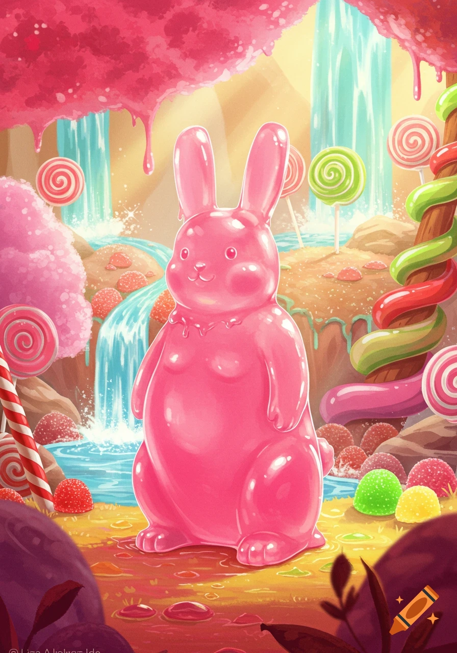 Pink gummy bunny stands in a vibrant candy land with lollipops, jelly candies, and waterfalls.
