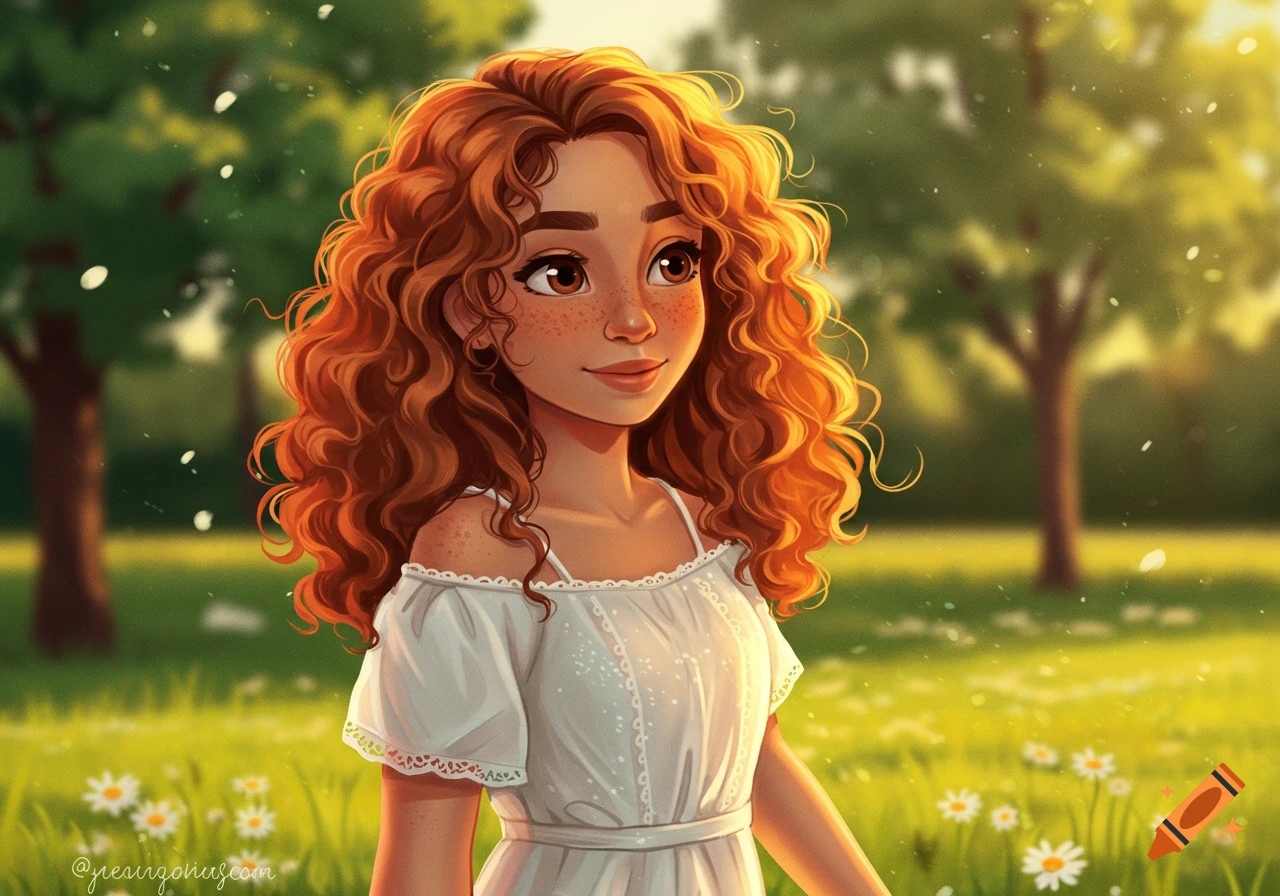 A brightly lit cartoon illustration of a smiling, red-haired girl with freckles in a sunny field.